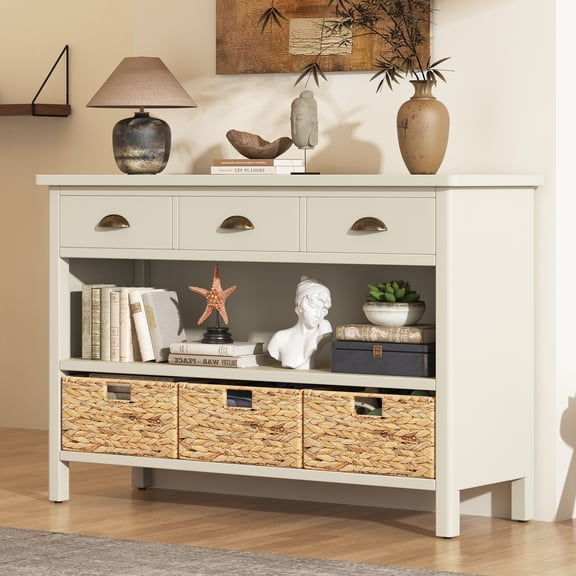 Harper & Bright Designs Wood Retro Console Table with Storage , Entryway Table with 3 Water Hyacinth Woven Baskets for Entryway and Living Room , White
