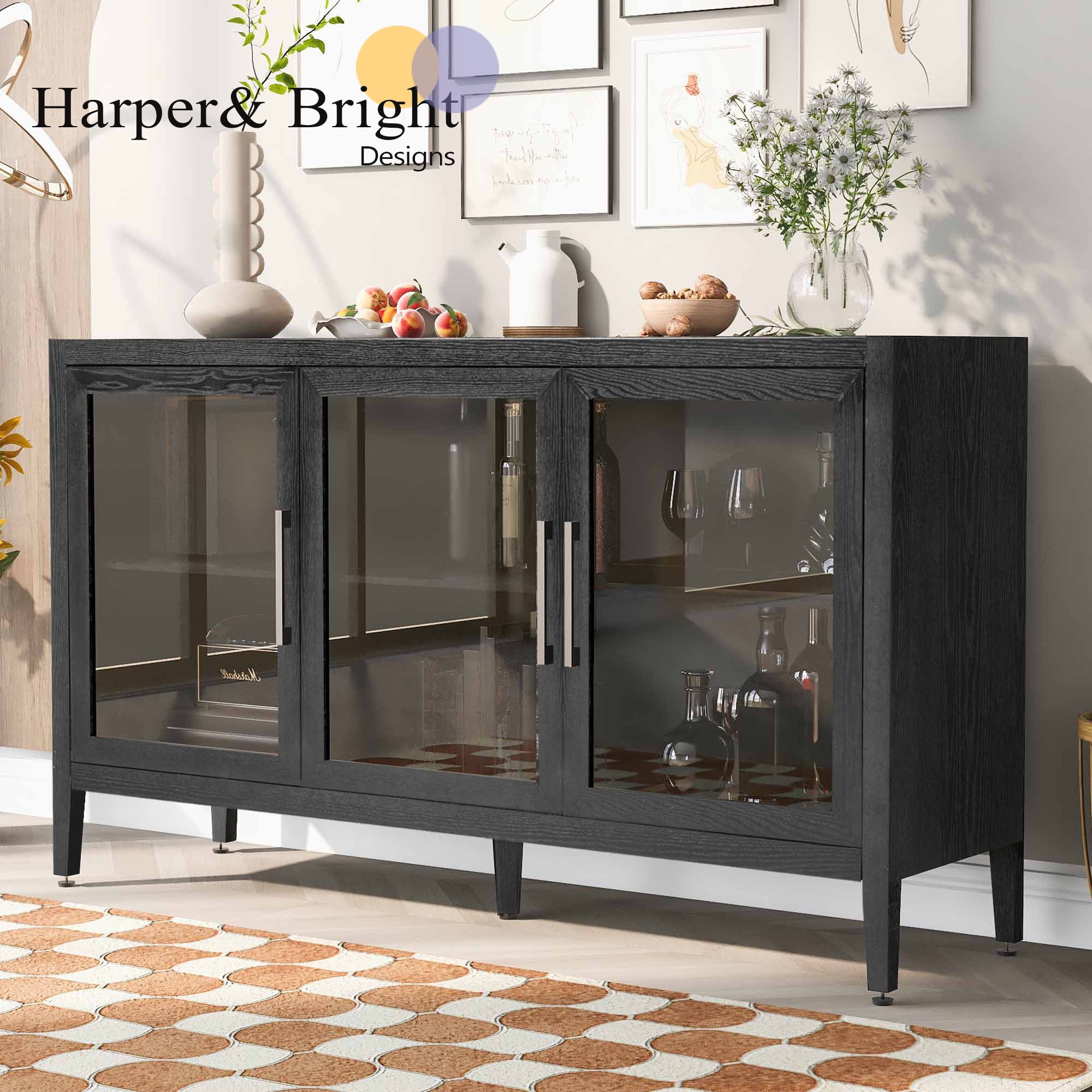 Black Wood Storage Cabinet with Tempered Glass Doors and Adjustable Shelves