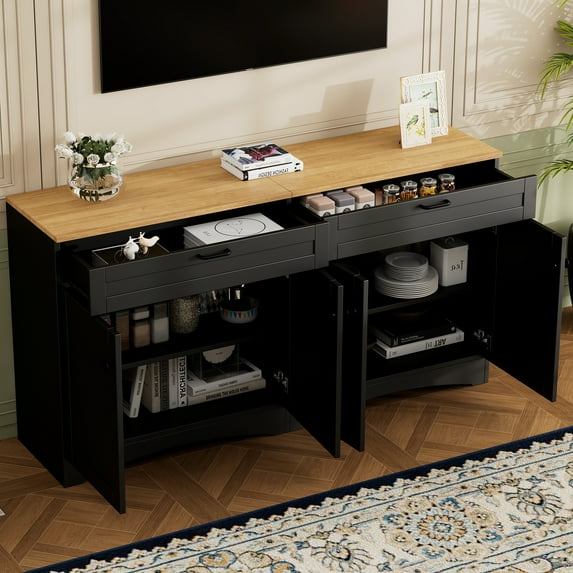 Harper & Bright Designs Wood TV Stand with 2 Drawers for 70 inch TV, TV Storage Cabinet with Adjustable Shelves, Mid-Century Entertainment Center Console Table for Living Room, Black