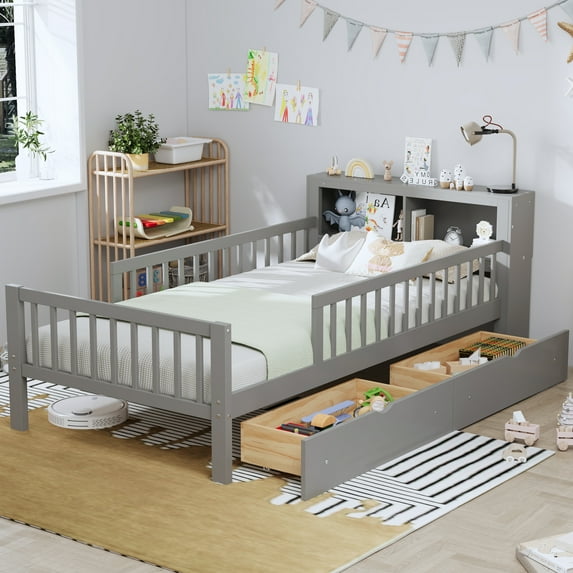 Harper & Bright Designs Wood Twin Size PlatformBed with 2 Storage Drawers, Twin Platform Bed with Guardrails on Both Sides for Boys Girls, Gray