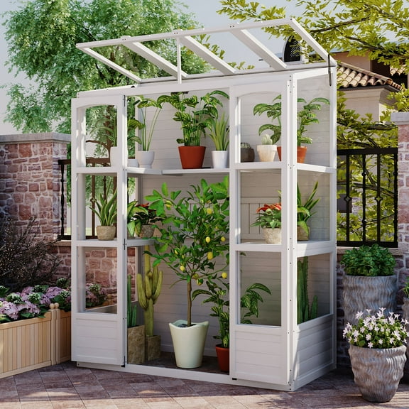 Harper & Bright Designs Wooden Cold Frame Greenhouse, Large Garden Walk-in Greenhouse with Transparent Flip-Top Roof and 2 Folding Middle Shelves, White