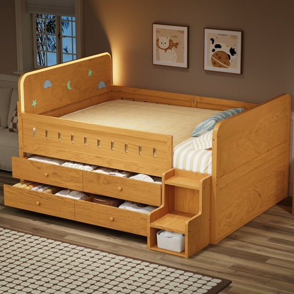 Harper & Bright Designs Wooden Full Size Platform Bed with LED Light, Solid Wood Storage Bedframe with 4 Storage Drawers with Stairs for Boys and Girls Adults, Wood