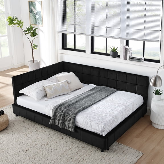 Harper & Bright Designs Full Size Upholstered Daybed Frame with Backrest and Armrests, Velvet L Shaped Corner Sofa Bed for Bedroom Living Room, Black