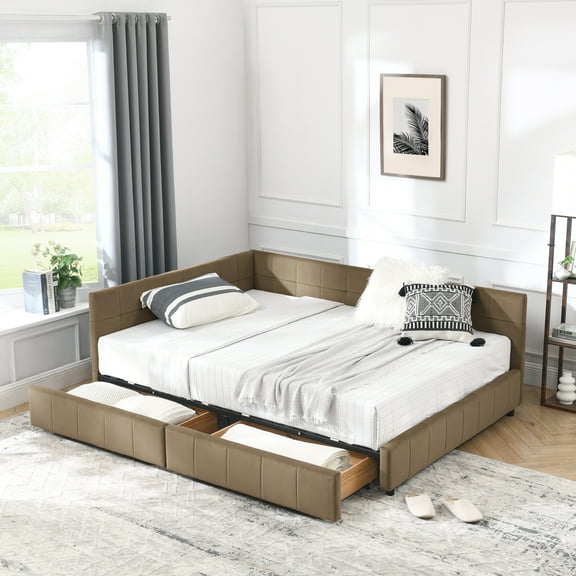 Harper & Bright Designs Full Size Upholstered Daybed Frame with Drawers, Velvet L Shaped Corner Bed with Backrest and Armrests for Bedroom Living Room, Brown