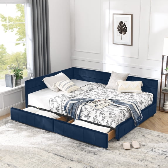Harper & Bright Designs Full Size Upholstered Daybed Frame with Drawers, Velvet L Shaped Corner Bed with Backrest and Armrests for Bedroom Living Room, Dark Blue