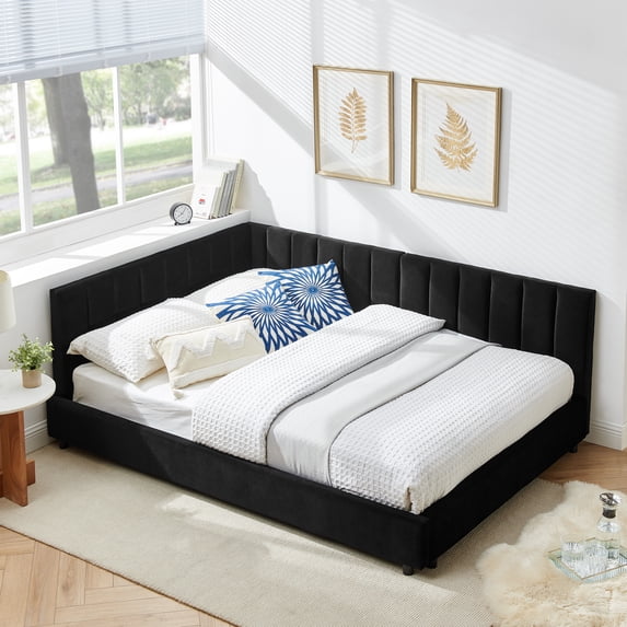 Harper & Bright Designs Full Size Upholstered Daybed Frame with Backrest and Armrests, Modern L Shaped Corner Bed for Bedroom Living Room, Black