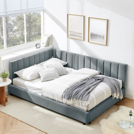 Harper & Bright Designs Full Size Upholstered Daybed Frame with Backrest and Armrests, Modern L Shaped Corner Bed for Bedroom Living Room, Gray