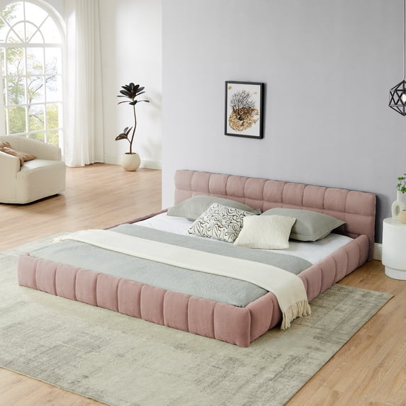 Harper & Bright Designs King Size Upholstered Bed Frame with Headboard and Solid Frame, Modern Chenille Platform Bed for Bedroom, Pink