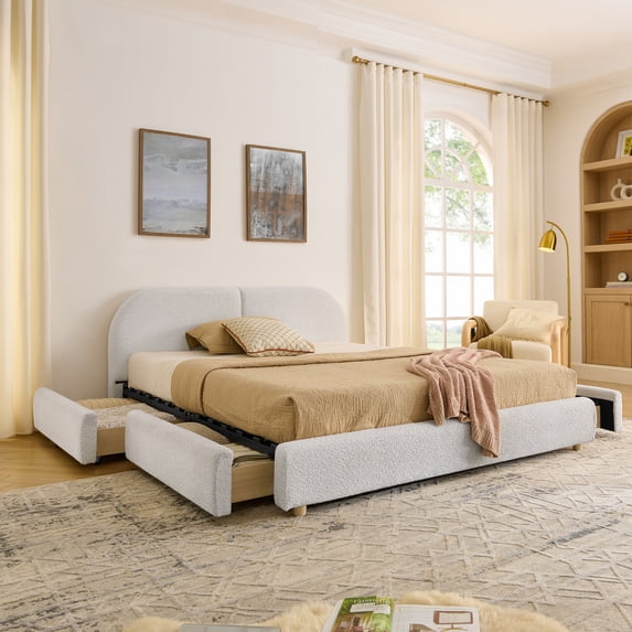 Harper & Bright Designs King Size Upholstered Floor Bed with Storage Drawers and Tall Curved Headboard , Modern Minimalist Platform Bed Frame with Sturdy Leg Support for Bedroom, Beige