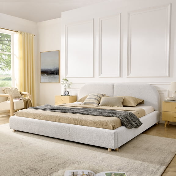 Harper & Bright Designs King Size Upholstered Floor Bed with Tall Curved Headboard , Modern Minimalist Platform Bed Frame with Sturdy Leg Support for Bedroom, Beige