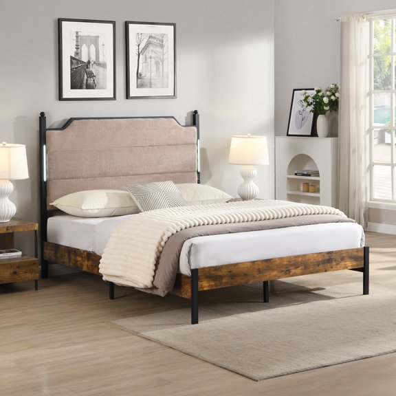 Harper & Bright Designs Queen Size Metal Platform Bed with Upholstered Headboard and Charging, Platform Bed Frame with Touch sensitive LED Lights for Bedroom, Light Pink