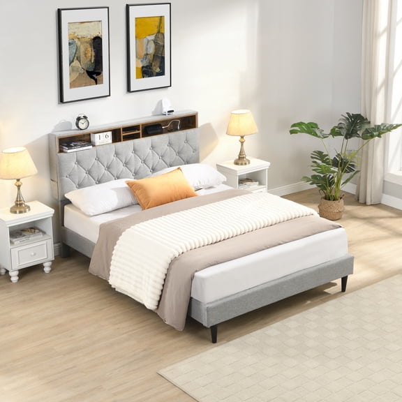 Harper & Bright Designs Queen Size Platform Bed with Upholstered Headboard, Wood Platform Bed Frame with USB Charging Statione and LED Lights for Bedroom, Light Gray