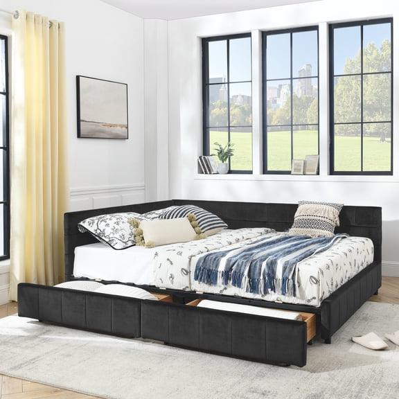 Harper & Bright Designs Queen Size Upholstered Daybed Frame with Drawers, Velvet L Shaped Corner Bed with Backrest and Armrests for Bedroom Living Room, Black