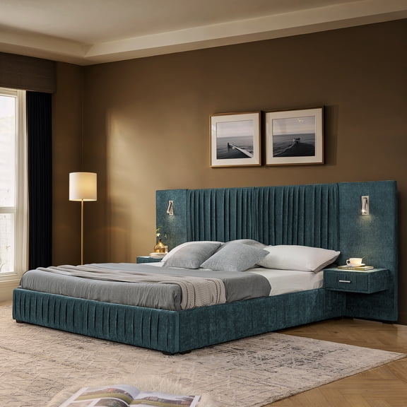 Harper & Bright Designs&nbsp;Queen Size Upholstered Floor Bed with Headboard and Bedside Table, Chenille Platform Bed Frame with Pleated Design for Bedroom, Blue-Green