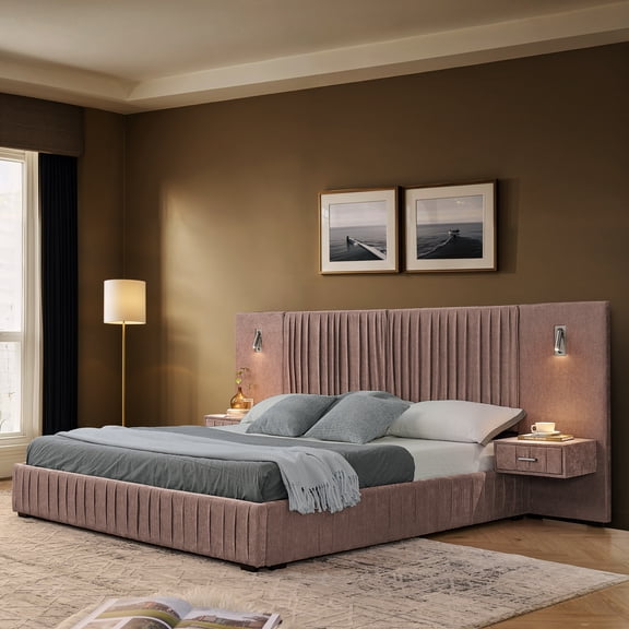 Harper & Bright Designs&nbsp;Queen Size Upholstered Floor Bed with Headboard and Bedside Table, Chenille Platform Bed Frame with Pleated Design for Bedroom, Pink