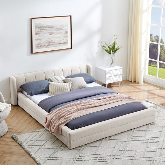 Harper & Bright Designs Queen Size Upholstered Floor Bed with Headboard and Solid Frame, Chenille Platform Bed Frame for Bedroom, Beige
