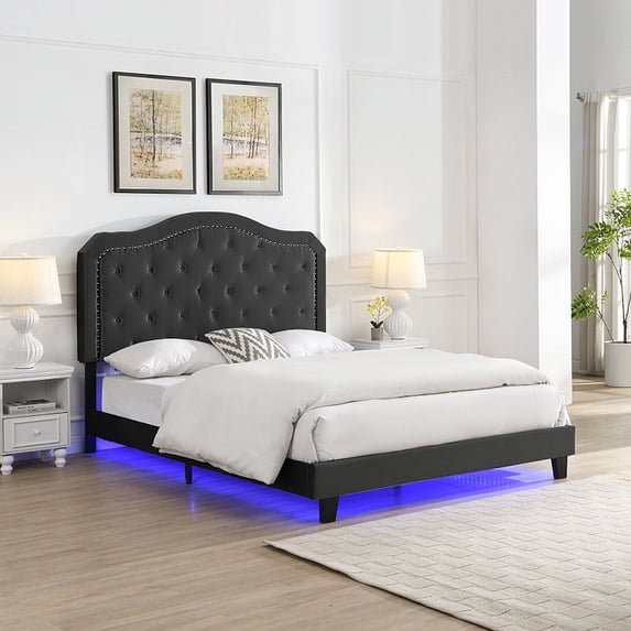 Harper & Bright Designs Queen Size Upholstered Platform Bed with LED light and Headboard, Velvet Platform Bed with Curve Design for Bedroom, Black