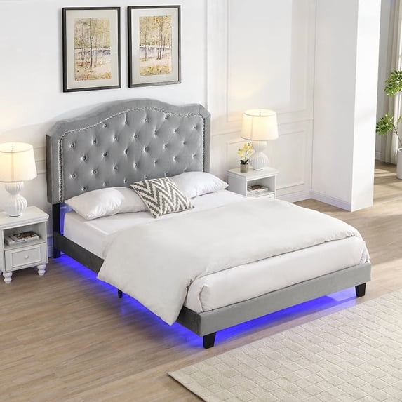 Harper & Bright Designs Queen Size Upholstered Platform Bed with LED light and Headboard, Velvet Platform Bed with Curve Design for Bedroom, Light Gray