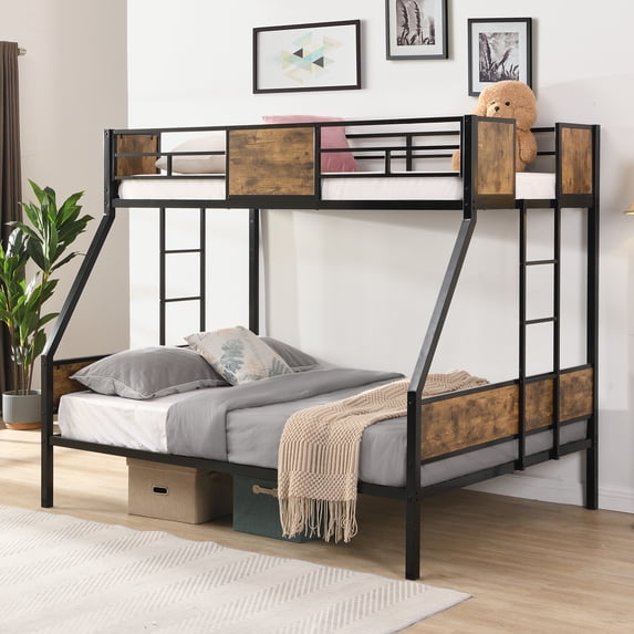 Harper & Bright Designs Twin Over Full Metal Bunk Bed with 2 - Side Ladder and Full-Length Guardrail, Metal Bunk Bed Frame with Large Under Bed Storage for Bedroom, Black & Brown