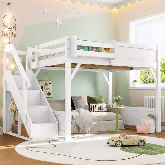 Harper & Bright Designs Full Size Loft Bed with Built-in Wardrobe and Shelves, Wood Loft Bed with Guardrails and Stairs, Light White