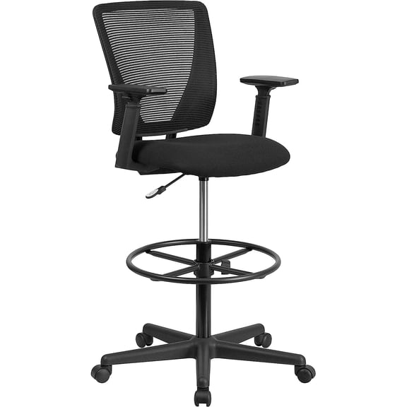 Harper Ergonomic Mid-Back Mesh Drafting Chair with Black Fabric Seat, Adjustable Foot Ring and Adjustable Arms