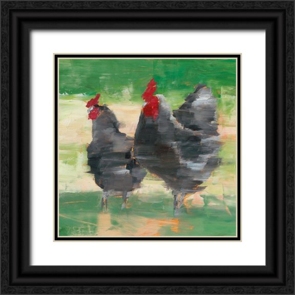 Harper, Ethan 12x12 Black Ornate Wood Framed with Double Matting Museum Art Print Titled - Black Rooster and Hen II