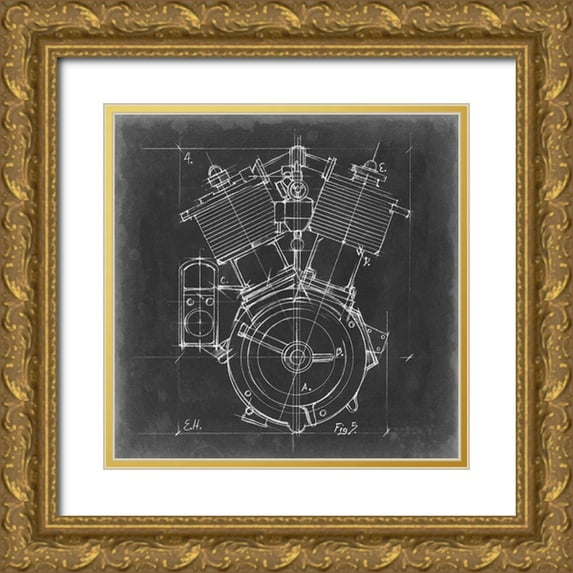 Harper, Ethan 12x12 Gold Ornate Wood Framed with Double Matting Museum Art Print Titled - Motorcycle Engine Blueprint IV