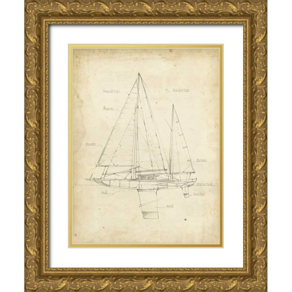 Harper, Ethan 12x14 Gold Ornate Wood Framed with Double Matting Museum Art Print Titled - Sailboat Blueprint IV