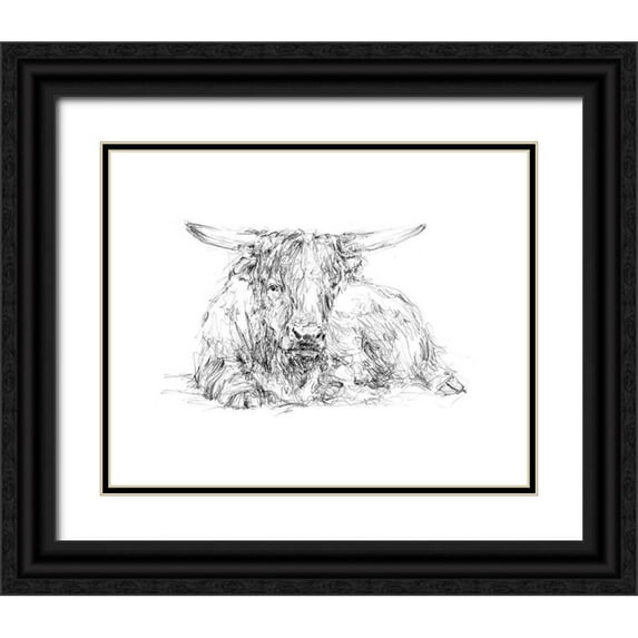 Harper, Ethan 14x12 Black Ornate Wood Framed with Double Matting Museum Art Print Titled - Highland Cattle Sketch II