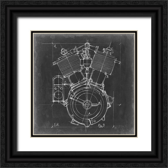 Harper, Ethan 15x15 Black Ornate Wood Framed with Double Matting Museum Art Print Titled - Motorcycle Engine Blueprint IV
