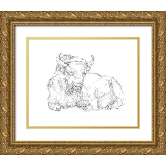 Harper, Ethan 24x20 Gold Ornate Wood Framed with Double Matting Museum Art Print Titled - Bison Contour Sketch II