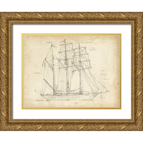 Harper, Ethan 32x25 Gold Ornate Wood Framed with Double Matting Museum Art Print Titled - Sailboat Blueprint I