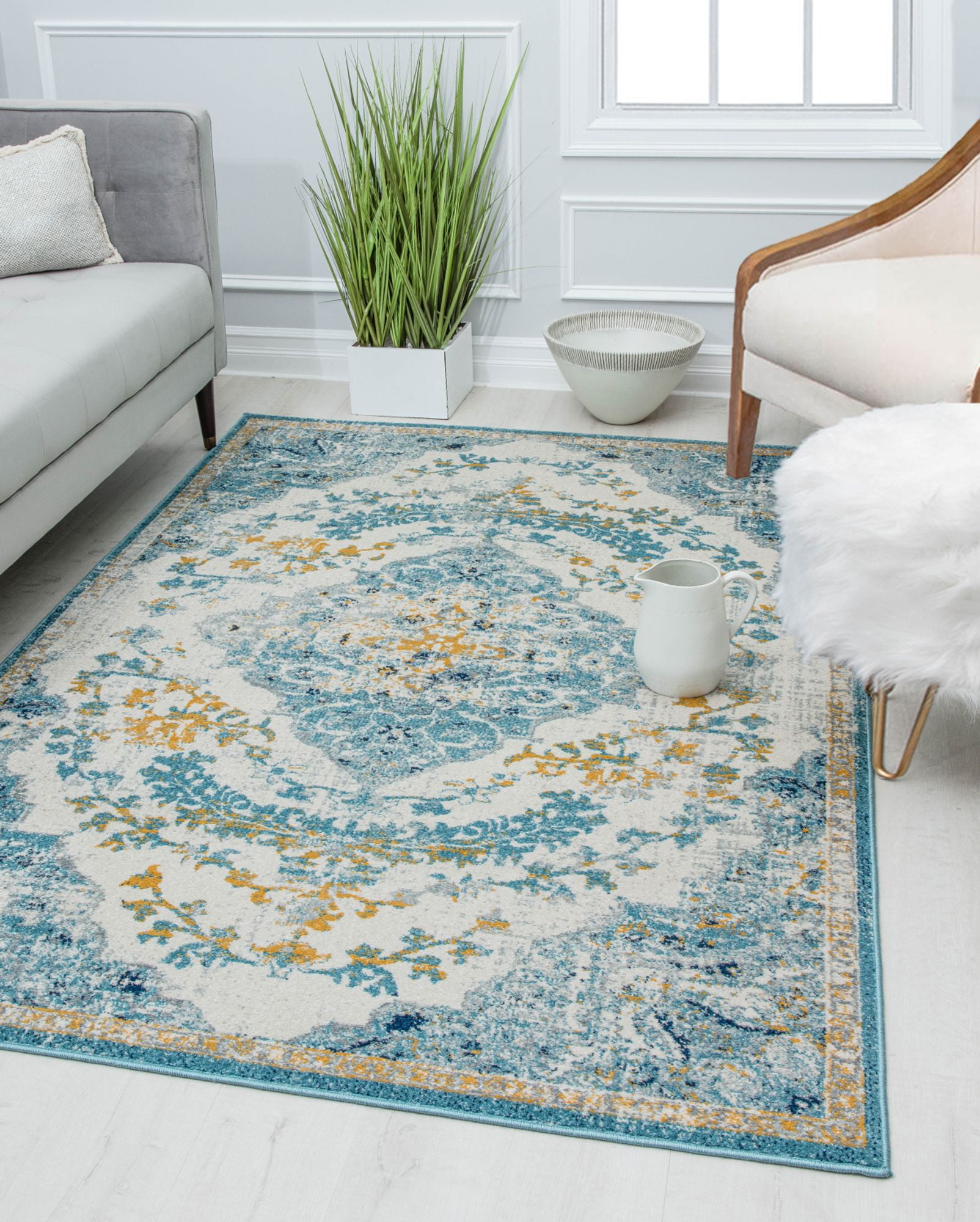Ivory and Blue Rectangular Synthetic Vintage Area Rug, 5' x 7'