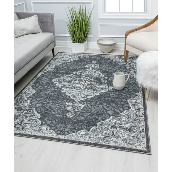 Harper HY50D Black Velvet Petunia Transitional Vintage Gray Area Rug, 8'x10'