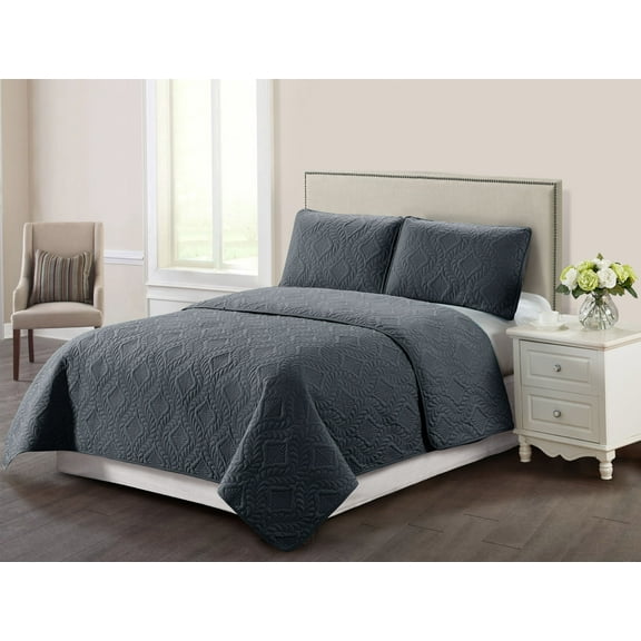 Harper Lane Bella Trellis Stitch 3-piece Quilt Set Charcoal Twin/Twin-XL