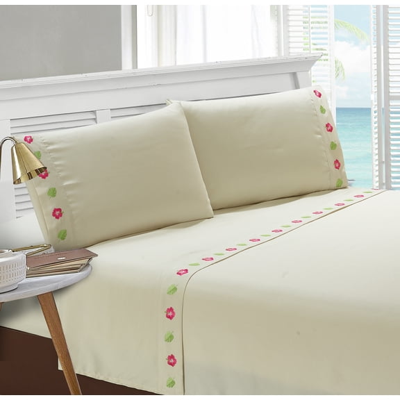 Harper Lane Embroidered Palms and Flowers Sheet Set Queen