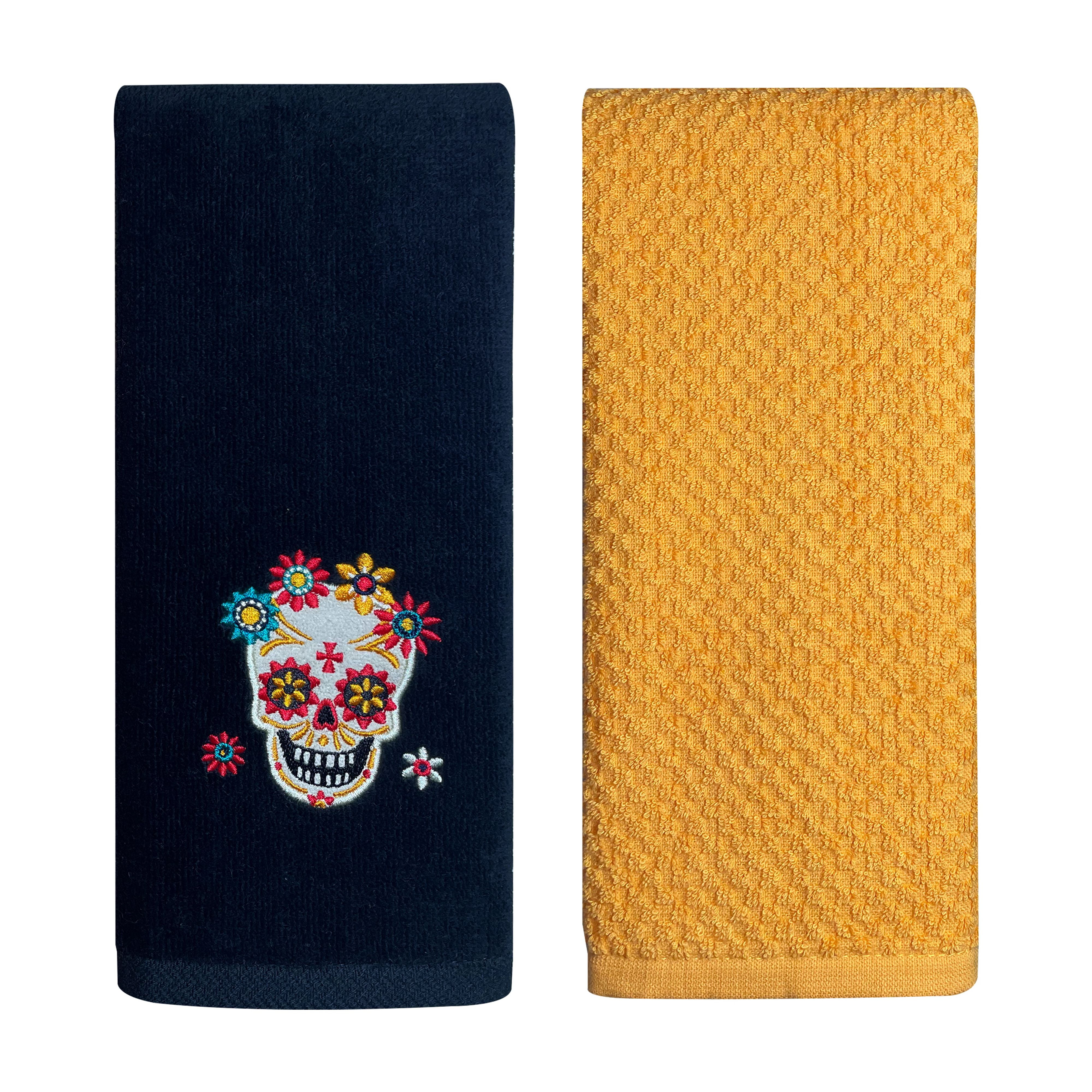 Harper Lane Halloween Embroidered Cotton Hand Towel 2-piece Set Day of the Dead Black