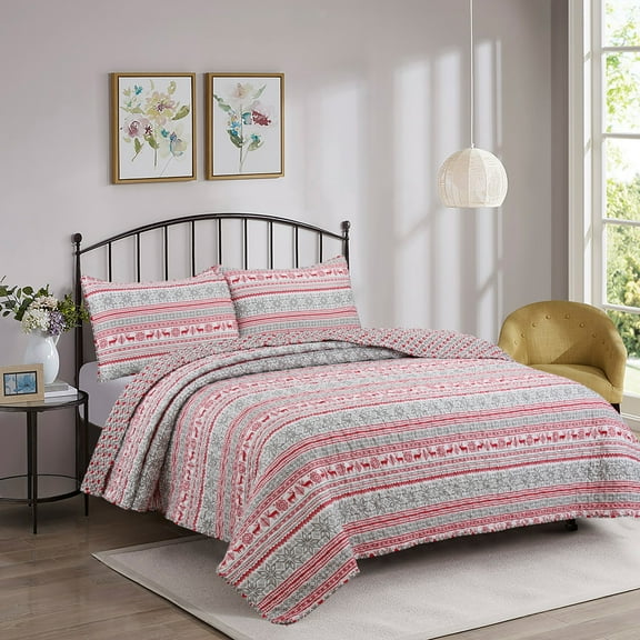 Harper Lane Ivy Red and Grey 3 Piece Stripe Quilt Sets, Full/Queen Adult