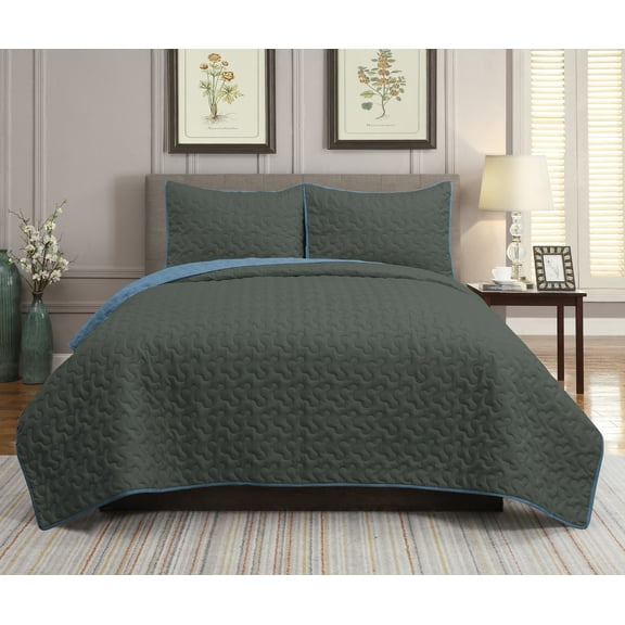 Lindon Reversible 3-Piece Quilt Set Gray/Blue King