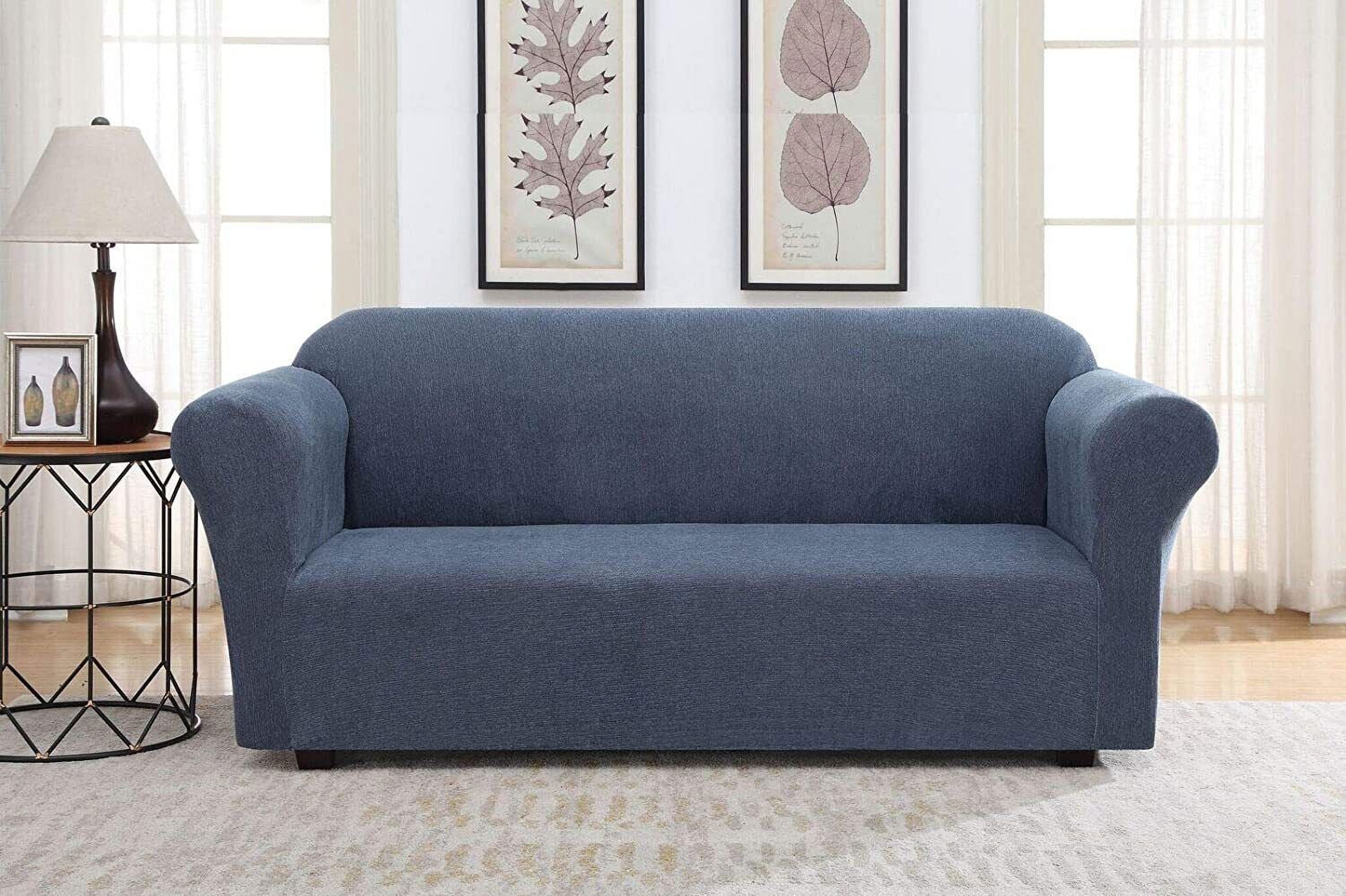 Harper Lane Striae Stretch Fit Slipcover Sofa Cover, Blue, Machine Washable