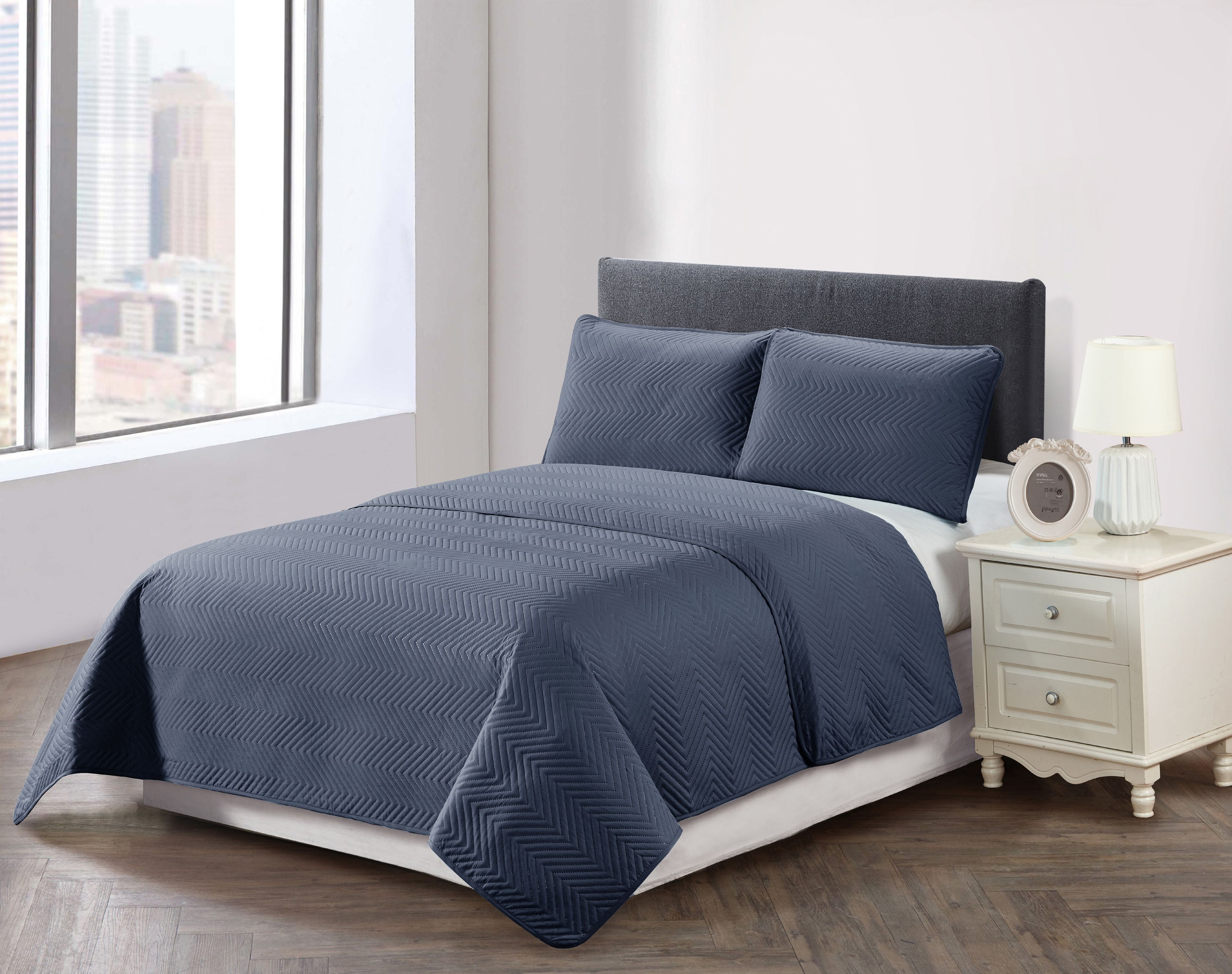 Charcoal King Reversible Microfiber Quilt Set with Chevron Stitch