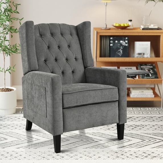 Harper Mid-Century Manual Adjustable Button-Tufted Wingback Recliner Chair with Foldable Side Tables, USB Ports, Gray