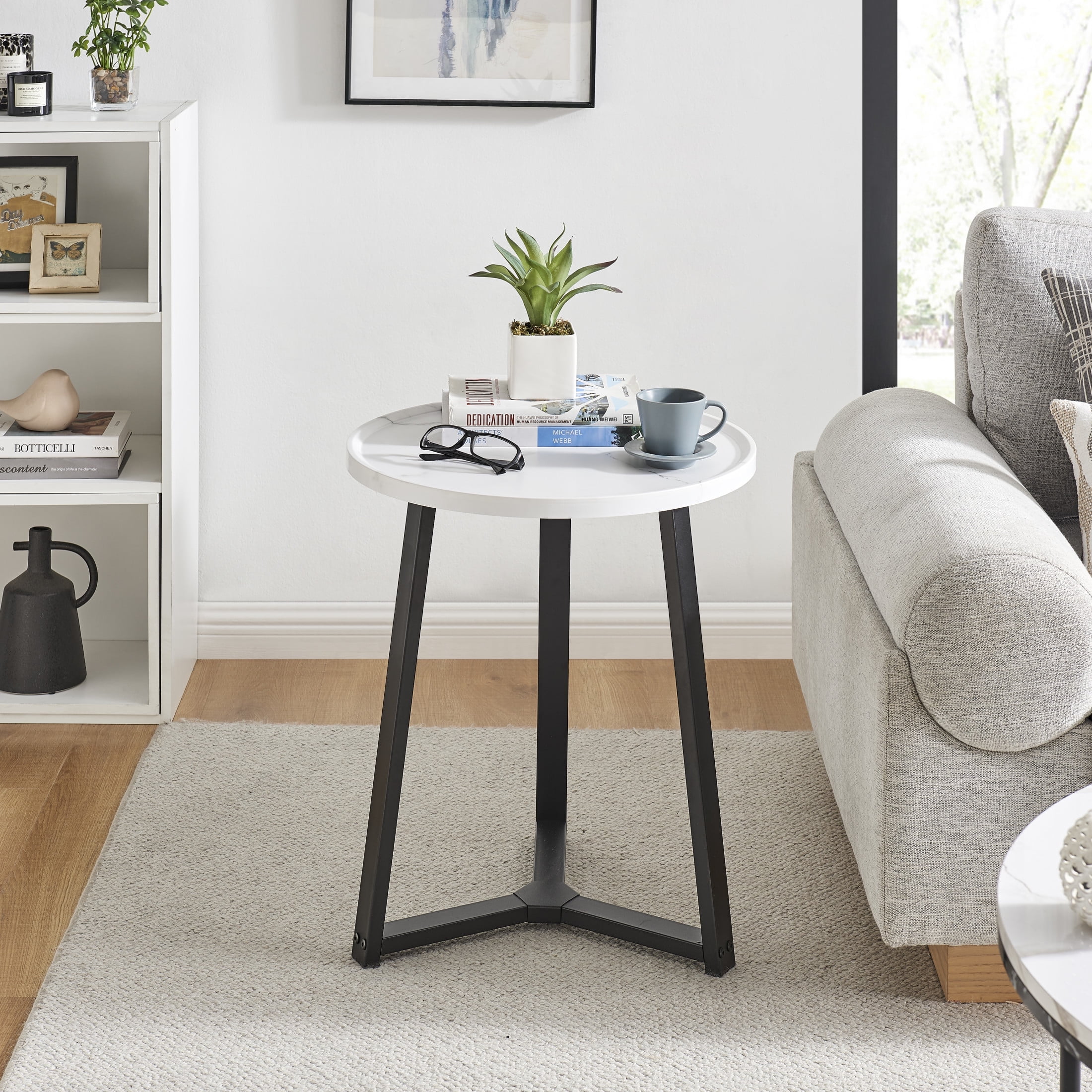 Harper Round White Marble and Black Metal Side Table