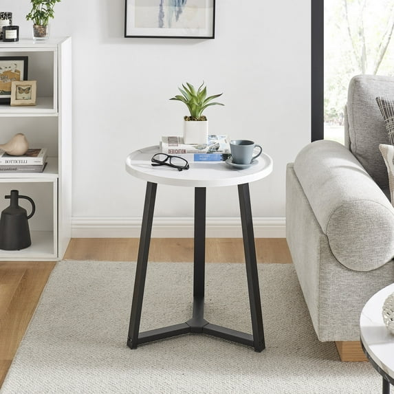 Harper Round Raised Lip Edge Side Accent Table with Mid-century Modern Crossed Metal Bold Pedestal Legs - White Marble/Black