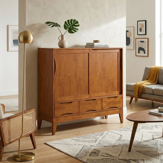 Simpli Home Harper 48 inch Wide Solid Hardwood Mid-Century Modern Medium Storage Cabinet in Teak Brown