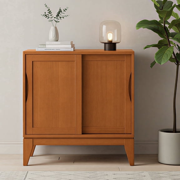 Simpli Home Harper 30 inch Wide Solid Hardwood Mid-Century Modern Low Storage Cabinet in Teak Brown