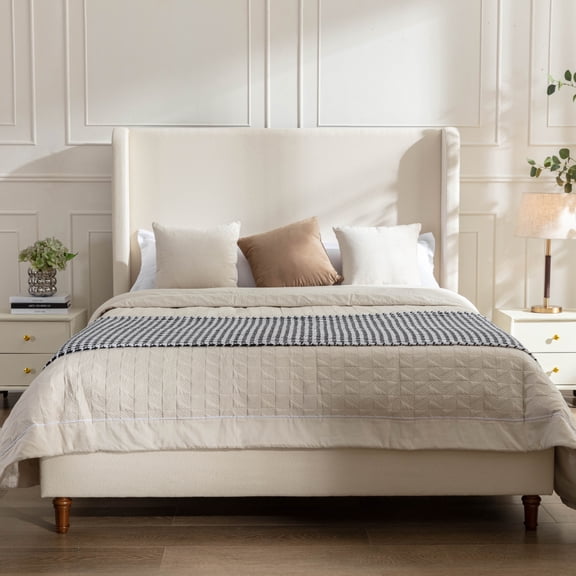Harper Tall Headboard Upholstered Bed / 54" High Headboard / Elegant Simplicity / No Box Spring Needed / Easy Assembly / California King / Ivory Boucle