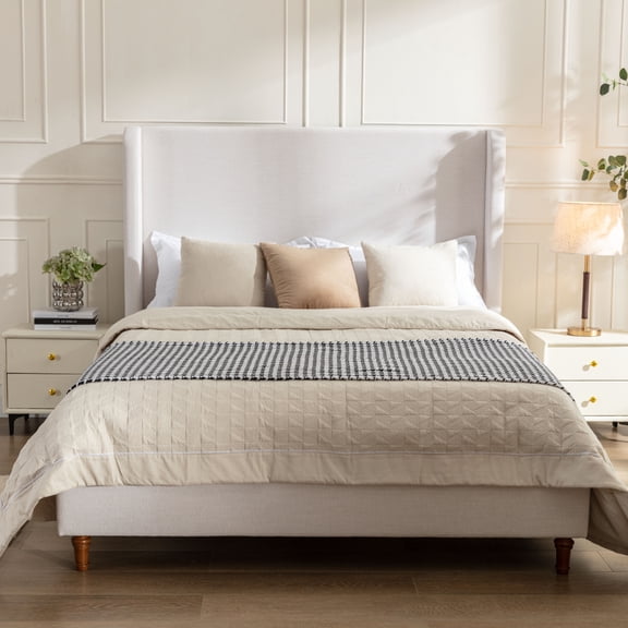 Harper Tall Headboard Upholstered Bed / 54" High Headboard / Elegant Simplicity / No Box Spring Needed / Easy Assembly / California King / Textured Ivory Canvas