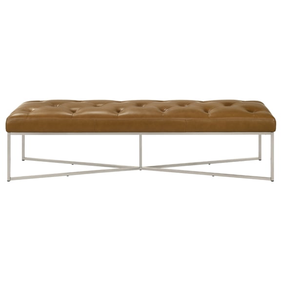 Harper Tan Full Grain Genuine Leather Bench Tufted Button Cushion Solid Teak Wood Inner Frame Removable X-Shape Metal Legs Mid-Century Modern Rectangular Accent Bench Minimal Partial Assembly