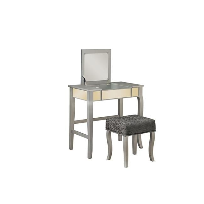 Harper Glam Silver Vanity Set with Flip-up Mirror and Gray Velvet Stool